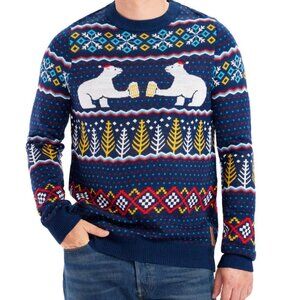 Tipsy Elves men Christmas Bear Drinking Sweater - Festive Blue Holiday Knitwear